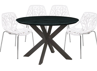 Ravendale Meadow Mosaic 5-Piece Metal Dining Set with 4 Stackable Plastic Chairs and Round Wood Table with Geometric Base